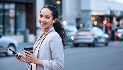 Image showing Music, phone and portrait of businesswoman in city for streaming, social media and audio. Happy, smile and podcast with female employee in outdoors for coffee break, online radio and technology