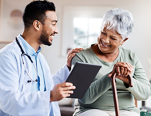 Image showing Tablet, happy doctor and senior woman with disability and medical results, health advice or hospital services. Elderly patient, walking stick and consulting of healthcare people on digital technology