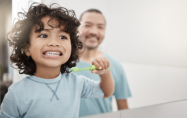 Image showing Happy, morning and child brushing teeth with father for dental hygiene, oral care and freshness. Smile, showing results and a boy kid with dad and mirror reflection for tooth cleaning and routine
