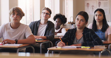 Image showing Education, college and students sitting in a classroom for learning, studying or future development. School, university and scholarship with a group of pupils in class lecture together to learn