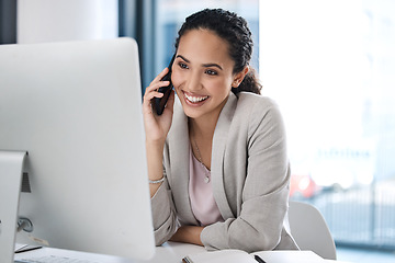 Image showing Happy, phone call and computer with business woman in office for planning, consulting and networking. Communication, project and online with female employee for connection, contact and conversation