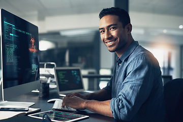 Image showing Portrait, man and smile of programmer on computer in office workplace at night. IT, face and male coder or person programming, coding and writing for software development or information technology.