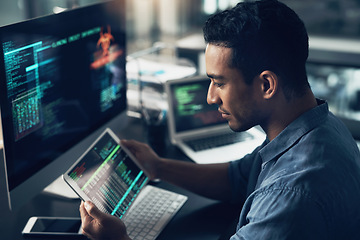 Image showing Programming, employee and man with a tablet, cyber security and computer in a modern office. Male person, programmer and coder with technology, coding and digital software with internet connection