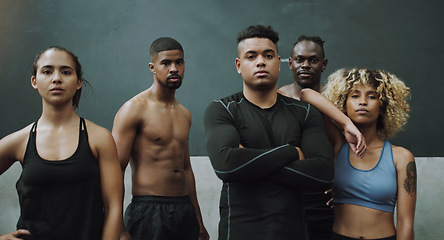 Image showing Sports, fitness and portrait of men and women in gym for training, exercise and workout class. Teamwork, motivation and group of serious people ready for challenge, wellness and body builder club