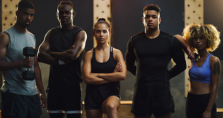 Image showing Fitness, gym and portrait of men and woman ready for exercise, training and workout class. Sports club, body builder and group of people in class with motivation for challenge, wellness and teamwork