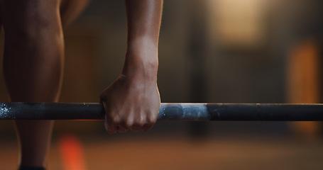 Image showing Weightlifting, fitness and hands of person with barbell in gym for training, exercise and intense workout. Sports, strong body and body builder people lift weights for challenge, wellness or strength