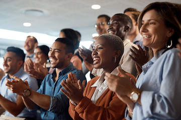 Image showing Applause, support and motivation with a business team clapping as an audience at a conference or seminar. Meeting, wow and award with a group of colleagues or employees cheering on an achievement