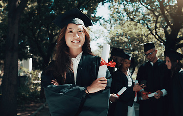 Image showing Portrait, education or diploma on graduation, arms crossed or happiness with knowledge, study or scholarship. Face, female person or student with success, degree or college with certificate and event