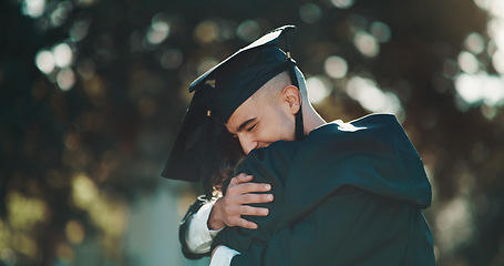 Image showing Hug, graduation and education with friends in college for celebration, scholarship and congratulations. Study, university and success with students hugging on campus for achievement, school and event