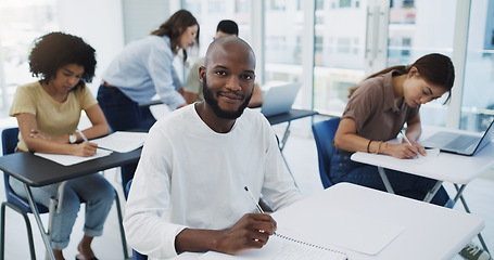 Image showing Black man, student portrait and university class with learning for college test. Book, school study and African male person thinking, writing and planning lecture notes for studying with a smile
