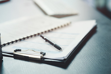 Image showing Pen, paper and form or document for information, contract or life insurance application on a table. Paperwork, business files or survey on a desk in a empty office for planning, research or report