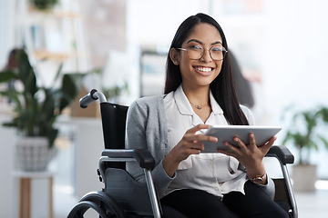 Image showing Happy, portrait and woman with a disability and a tablet for communication and graphic design. Smile, creative and a website designer in a wheelchair with technology for web and software analysis