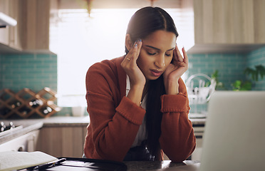 Image showing Remote work, headache and female on laptop in kitchen frustrated, stress and internet delay in her home. Freelance, anxiety and lady freelancer with migraine, 404 or online problem, glitch or report