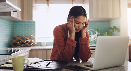 Image showing Freelance, headache and female on laptop in kitchen frustrated, anxiety and internet delay in her home. Remote work, stress and lady freelancer with migraine, 404 or online problem, glitch or report