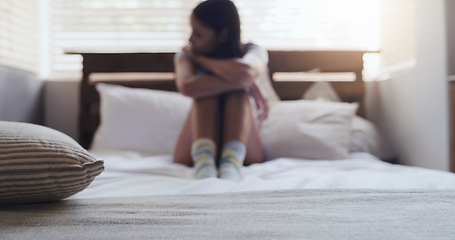 Image showing Depression, anxiety and woman in bed thinking, sad and having mental health issue at home. Broken heart, stress and lady person in crisis, abuse or ptsd, insomnia or fear while mourning in bedroom