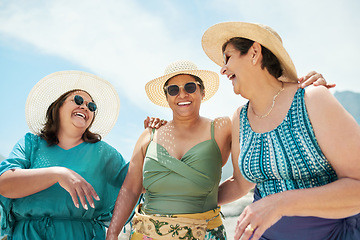 Image showing Happy, friends and senior women on a vacation, adventure or weekend trip together in paradise. Travel, fun and group of elderly females laughing, talking and bonding on a retirement tropical holiday.