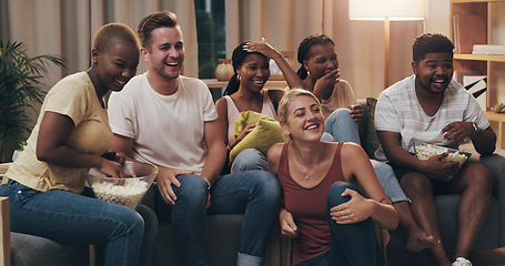 Image showing Movie, friends and diversity watch comedy at home for entertainment and relaxing in the lounge. Young, adults and watch funny film together on a couch to relax or have fun on a weekend at the house.