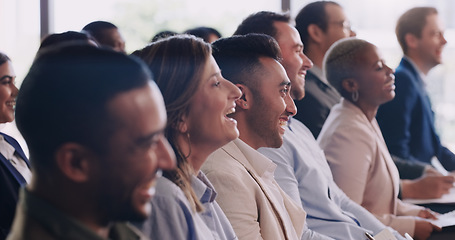 Image showing Happy audience, conference and laughing business people at a seminar, workshop or training. Diversity men and women crowd at a presentation for learning, knowledge and funny corporate discussion