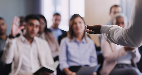 Image showing Hand, speaker and woman with a presentation, conference and speech with question, teamwork and corporate training. Female leader, employee and audience listening to manager, workshop and feedback