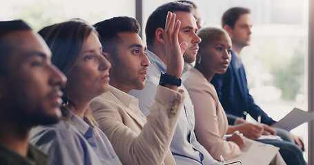 Image showing Audience, conference and question of a business man with hand up at a seminar, workshop or training. Diversity men and women crowd at a presentation for learning, knowledge and faq discussion