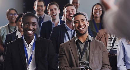 Image showing Laughing, happy and business people or audience at conference, seminar or training workshop. Diversity men and women crowd at presentation or convention for corporate education, knowledge or talk