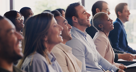 Image showing Business people, conference and happy audience laughing at a seminar, workshop or training. Diversity men and women crowd at a presentation for learning, knowledge and funny corporate discussion