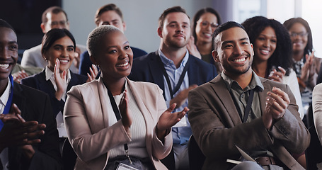 Image showing Business people, conference and audience applause at seminar, workshop or training. Diversity men and women crowd clapping at presentation or convention for corporate success, bonus or growth