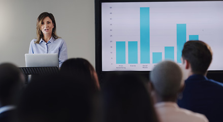 Image showing Presentation, speaker or business woman and screen graphs, workshop or seminar training. Professional men, women or conference podium for digital learning, knowledge and discussion for sales growth