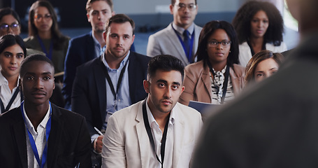 Image showing Business people, conference and audience listening to speaker at a seminar, workshop or training. Diversity men and women crowd at a presentation for learning, knowledge and corporate discussion