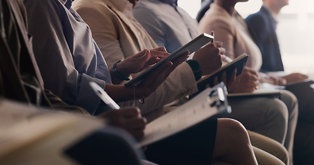 Image showing Audience, conference and business people with a tablet and notes at a seminar, workshop or training. Hands of men and women crowd at a presentation for learning, knowledge and writing information