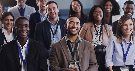 Image showing Business people, conference and happy audience listening to a seminar, workshop or training. Diversity men and women crowd at conference or convention for corporate education, knowledge and learning