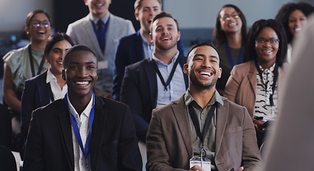 Image showing Business people, conference and happy audience laughing at a seminar, workshop or training. Diversity men and women crowd at conference or convention for corporate education, knowledge and learning