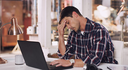 Image showing Headache, tired and a man with a laptop and burnout from an email, project or communication. Stress, anxiety and a businessman reading a chat on a computer about a mistake or work fail in office
