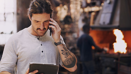 Image showing Tablet, phone call and a welding man in a plant for manufacturing, production or metal work. Logistics, construction and technology with an industrial blacksmith working in a factory or workshop