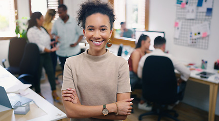 Image showing Woman, smile and portrait of designer with arms crossed in office workplace for business. Face, confidence and graphic design, female person and creative entrepreneur, professional or success mindset