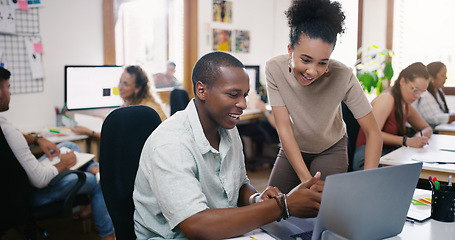 Image showing Diversity, people talking and with laptop at desk help in coworking office at their workplace. Teamwork or collaboration, technology or communication and colleagues work together with assignment