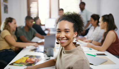 Image showing Collaboration, portrait of fashion agency and colleagues in business meeting. Diversity or teamwork, communication or brainstorming and people planning or discussing at a table at their workplace