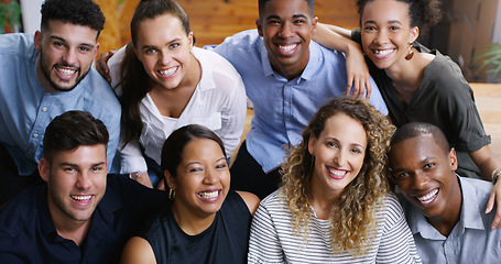 Image showing Portrait, staff and group with collaboration, career and partnership with happiness, startup success and teamwork. Face, coworkers and team with profit growth company development and professional