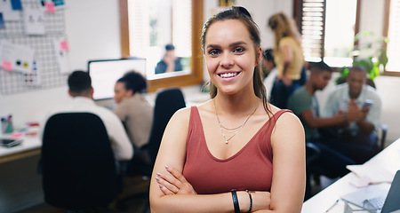 Image showing Woman, smile and portrait of designer with arms crossed in office workplace for business. Face, confidence and graphic design, female person and creative entrepreneur, professional and leadership.