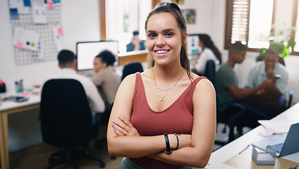 Image showing Happy, woman and portrait of designer with arms crossed in office workplace for business. Face, confidence and graphic design, female person and creative entrepreneur, professional and leadership.