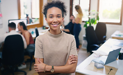 Image showing Woman, happy and portrait of designer with arms crossed in office workplace for business. Face, confidence and graphic design, African female person or creative entrepreneur, professional and success
