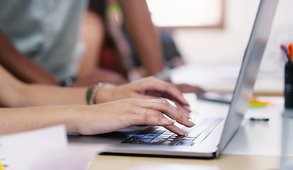 Image showing Laptop, keyboard and woman hands typing while working on a corporate project in the office. Technology, professional and closeup of female web designer doing research on a computer in the workplace.