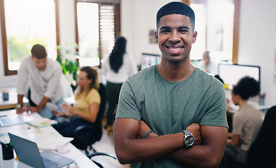 Image showing Black man, smile and portrait of designer with arms crossed in office workplace for business. Face, confidence and graphic design, African male person and entrepreneur, professional and creative.