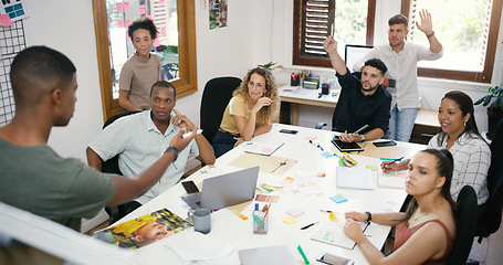 Image showing Brainstorming, presentation and team in meeting in office boardroom for creative planning. Collaboration, diversity and group of marketing employees working on ideas for project together in workplace