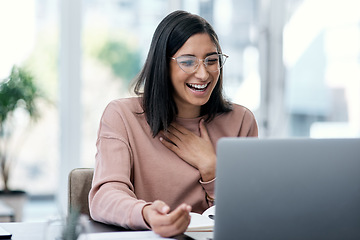 Image showing Laptop, excited and remote work of woman in home with good news, promotion or bonus in house. Computer, wow and surprised female person, freelancer and success, winning competition and email reward.