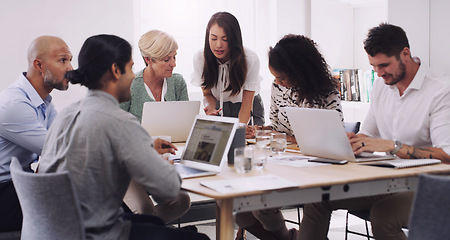 Image showing Business, staff and group in a meeting, brainstorming and planning with creative project, profit growth and development. Coworkers, team and men with women, collaboration and laptop with documents