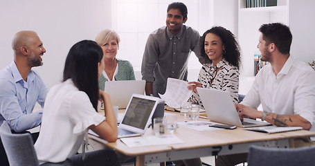 Image showing Business people, staff and team in a meeting, collaboration and planning for a project. Coworkers, group and professional with brainstorming, laptop and documents for profit growth and development