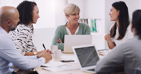 Image showing Diversity, business and people in a meeting for a discussion with management in a boardroom. Professional, discuss and group develop a strategy and creative project for online with brainstorming.