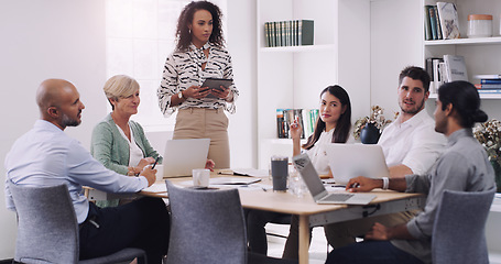 Image showing Business, woman and leadership with brainstorming at a presentation about a strategy for profession. Female professional, group and leader with team for online and research for collaboration.