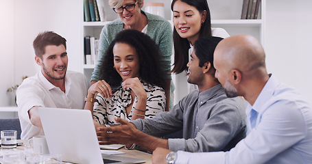 Image showing Laptop, teamwork and business people in discussion in office for planning a corporate project. Collaboration, meeting and professional employees working and brainstorming with computer in workplace.